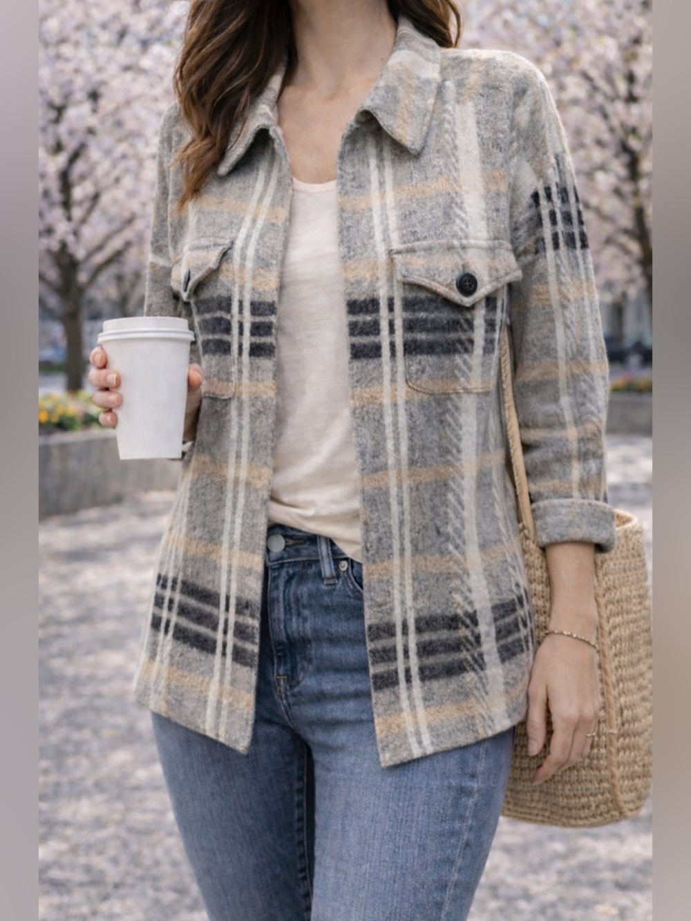 By Design Plaid Shacket Cardigan Jacket Neutral Spring Layer Size L 🔥
